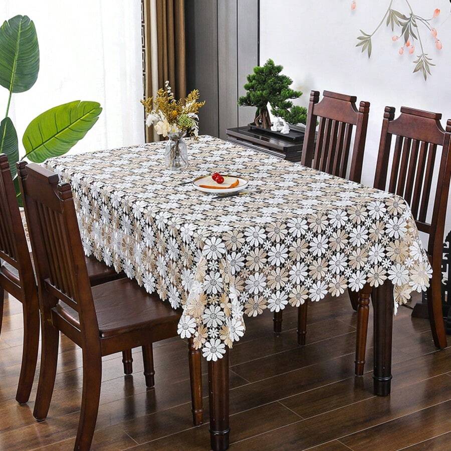 HXARTMIS 1PC White & Coffee Dual-Color Daisy Hollow Crochet Lace Rectangular Tablecloth, Sheer Mesh Floral Table Cover With Wavy Edge, Suitable For Wedding, Tea Party, Kitchen