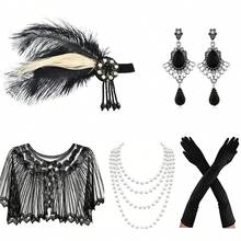 Bộ 5 món: Băng đô lông vũ phong cách retro thập niên 1920, khăn choàng đính sequin, vòng cổ ngọc trai giả, bông tai, găng tay đen - Phụ kiện trang phục cho dạ hội hóa trang, tiệc tùng, váy dạ hội trang trọng, đi biển, kỳ nghỉ, phụ kiện, đồ dùng cần thiết khi đi du lịch. - Nhiều màu - Xem 30