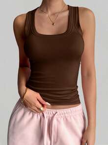 GAOVOT Áo tank top thể thao nữ phong cách Y2K gợi cảm tối giản, không tay, cổ tròn, thích hợp cho mùa hè. - màu nâu - Xem 8