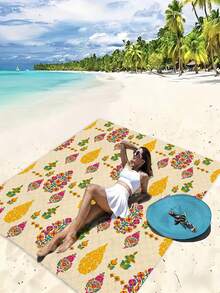 1pc Traditional Floral Pattern Picnic Blanket, Large Sand-Proof Waterproof Beach Mat, Suitable For Camping, Portable Foldable Lightweight Travel Rug, Ideal For Park Outing, Beach Trip, Barbecue And Other Outdoor Activities - C - View 3