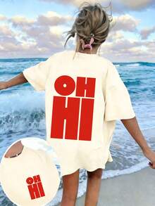 紅色 OHHI 字母印花圓領短袖 T 恤 女款 新款簡約可愛圖案休閒度假風 寬鬆修身夏季短袖上衣 - 杏色 - 查看 4