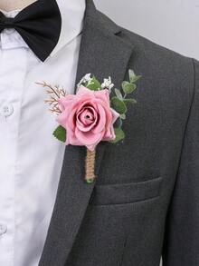 1件/6件裝 灰粉色玫瑰人造胸花，附尤加利葉、滿天星與乾燥枝條，營造自然清新森林氛圍，適合新郎，夏季使用 - 深粉紅色 - 查看 2