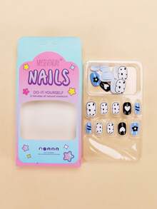 24pcs Kids Short Square Embossed Nail Stickers, Featuring White, Light Blue And Solid Black Contrast Colors, Paired With Simple Cute Patterns Like Hearts, Small Flowers And Polka Dots, Vibrant And Design Specially For Children Kids Nails - Multicolor - View 3