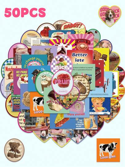 50 piezas Pegatinas de moda con forma de corazón y cola, calcomanías de graffiti para teléfono, computadora portátil, equipaje, guitarra, monopatín, decoración de embalaje de alimentos, recompensa para estudiantes (no se desprenden fácilmente)