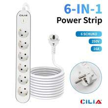 Ổ cắm điện đa năng EU 6 ổ cắm Schuko có công tắc, dây cáp 1.5m, 250V 16A - Phích cắm loại EU E (220-240V) - Xem 2