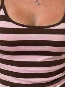女士时尚无袖上衣，浅灰色条纹印花圆领修身休闲度假性感吊带背心，女士夏季度假沙滩装 - 淺粉色 - 查看 4