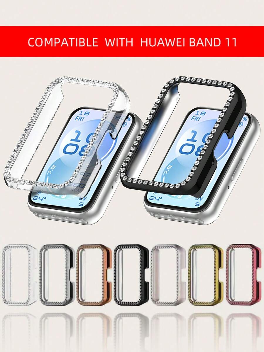 1 chiếc ốp lưng đồng hồ nữ trơn, thời trang, đính đá một hàng, mạ điện, làm từ nhựa PC, khoét rỗng, tương thích với vòng đeo tay thông minh Band 11, phụ kiện dùng hàng ngày, quà tặng. - Ban nhạc 11 - Xem 1