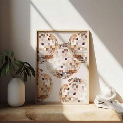 1件装墙面装饰画，时尚海报，以米色迪斯科球和复古帆布画为特色，展现了20世纪70年代闪亮球体的风采，适用于房间装饰、卧室装饰、家居装饰、墙面装饰、客厅装饰、房间配件、办公室装饰、厨房装饰、浴室装饰、西式装饰，是送给他/她或朋友的完美礼物。