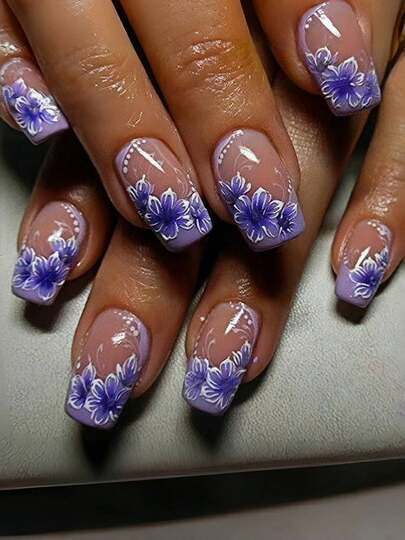 24pcs Short European Square French False Nails, Fashionable And Romantic Violet French Floral Design Wearable Nail Tips, Suitable For Parties, Dances, And Daily Wear