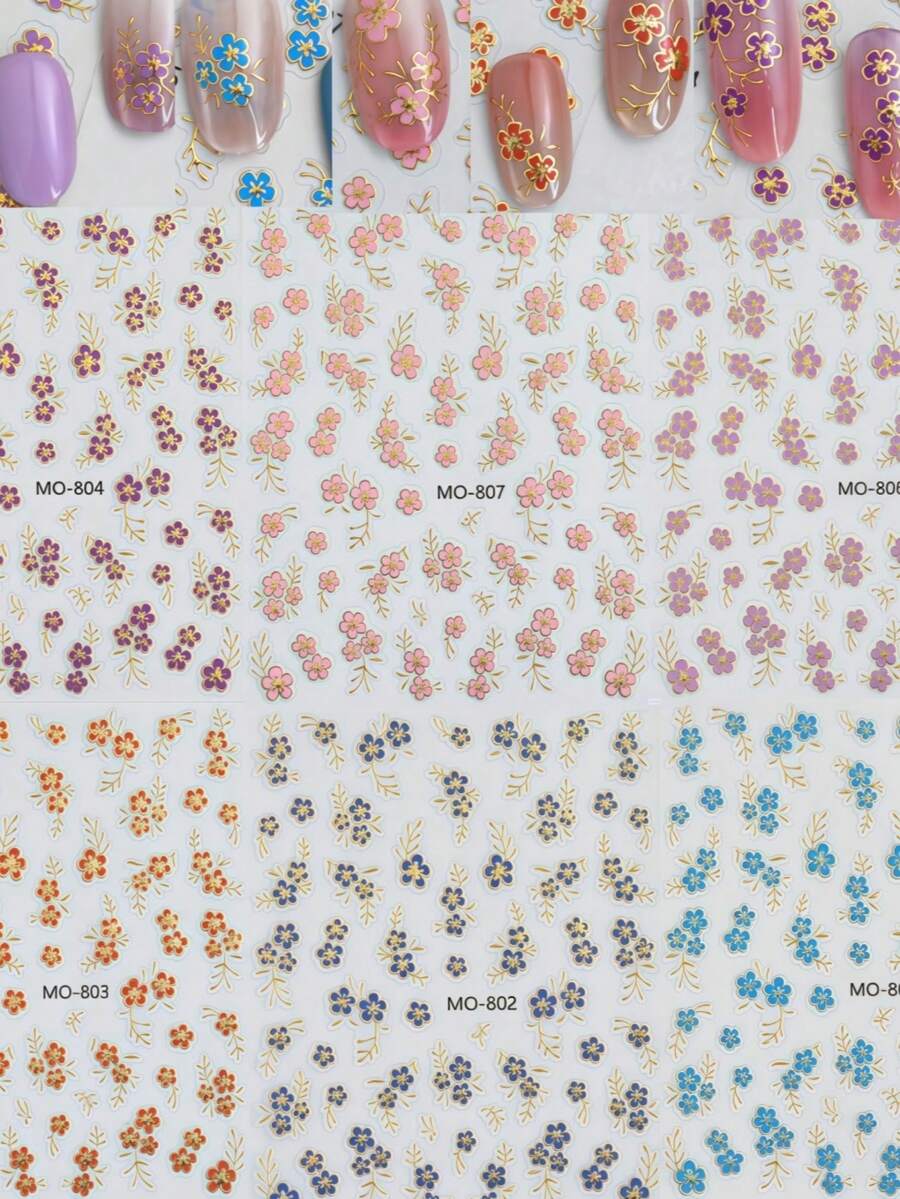 5 Stück zufällige wunderschöne 3D Goldfolie Blumen Nail Art Aufkleber, süße rosa/blaue/orange Blumen selbstklebende Nail Decals - Verschiedenfarbig - Übersicht 1