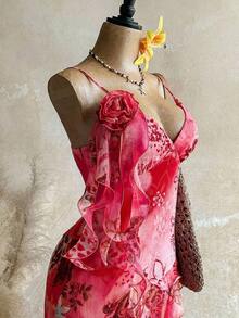 WYWH Vacation Retro Bohemian Animal Print Tie Dye Jellyfish Frill Trim 3D Floral Satin Chiffon Dress - Red - View 5