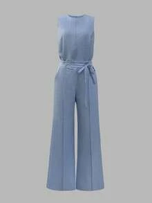 女士无袖方领上衣搭配休闲喇叭裤套装，收腰设计，简约时尚，适合日常及办公穿着，夏季皆宜。 - 淺藍 - 查看 2