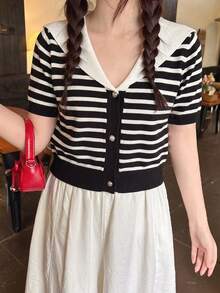 百搭休闲日常女式条纹印花前开襟纽扣短袖开衫 - 黑與白 - 查看 4