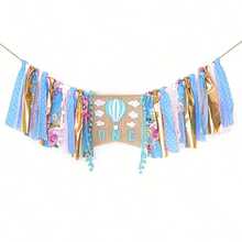 一套粉色和蓝色热气球云朵流苏花环，适合一周岁生日派对 - 查看 11