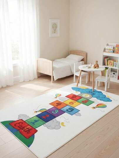 1pc Cartoon Sky & Earth Hopscotch Print Decorative Rug/Mat, Faux Wool Material, Machine Washable, Suitable For Bedroom, Living Room, Study, Adds Playful Atmosphere, Bedroom Rug, Living Room Rug