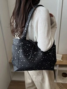 New Star & Moon Pattern Double Pocket Tote Bag, Fashionable Large Capacity Nylon Shoulder Bag For Women - Black - View 3