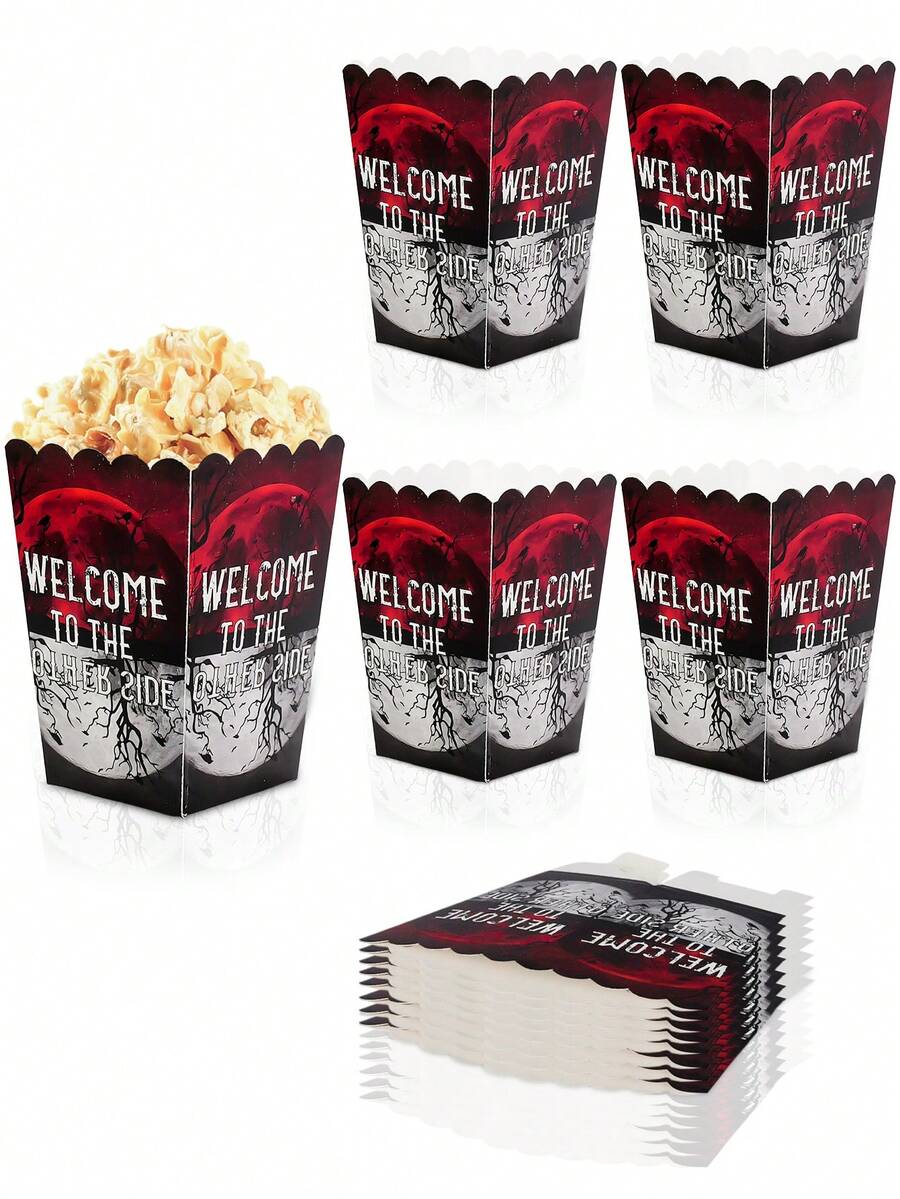 6個/20個/40個「Welcome To The Other Side」紅黑恐怖主題紙製爆米花盒,適合生日派對、Stranger派對、朋友聚會、萬聖節電影之夜,爆米花與糖果零食盒 - 紅黑色 - 查看 1