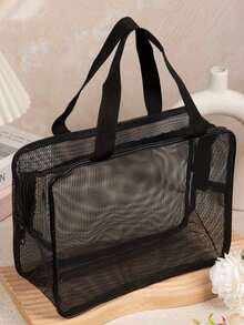 黑色网眼尼龙透明手提袋 男士洗漱包 便携旅行必备沙滩包 毛巾牙膏洗漱用品收纳袋 简约大气 居家旅行通用 - 黑色 - 查看 8