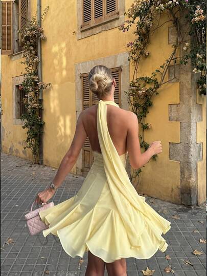 Elegant Halter Backless Sexy Lace Patchwork Bow Pleated Yellow Vacation Dress, Elegant Dresses For Women, Vacation Outfits Women, Vacation Dress