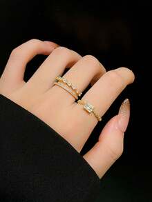 4件套铜质奢华优雅时尚小众立方氧化锆叶形戒指套装，适合女性日常、节日、通勤佩戴 - 四件組戒指 - 查看 5