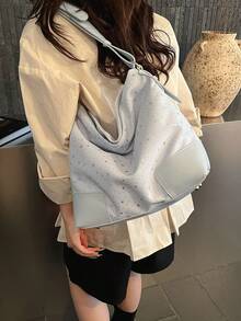 【复古水洗托特包 - 做旧五金单肩包，适合成熟女性，多隔层防水，焦糖棕色极简风格，适合通勤、上学、逛街，四季皆宜】 - 淺藍色 - 查看 3