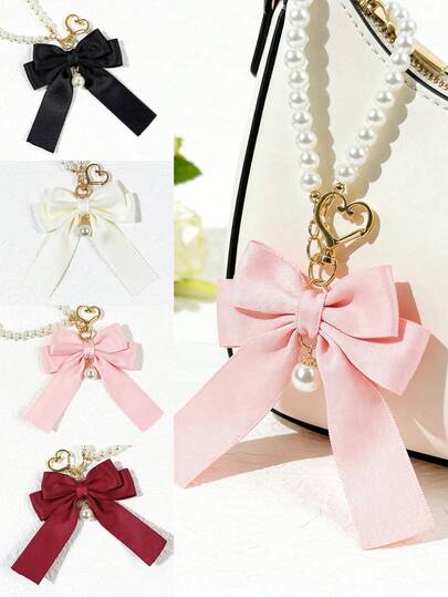 1件女士纯色休闲甜美少女风仿珍珠吊坠链蝴蝶结丝带包饰，适合装饰钥匙、包包、服装，适用于任何场合，是送给闺蜜的绝佳礼物