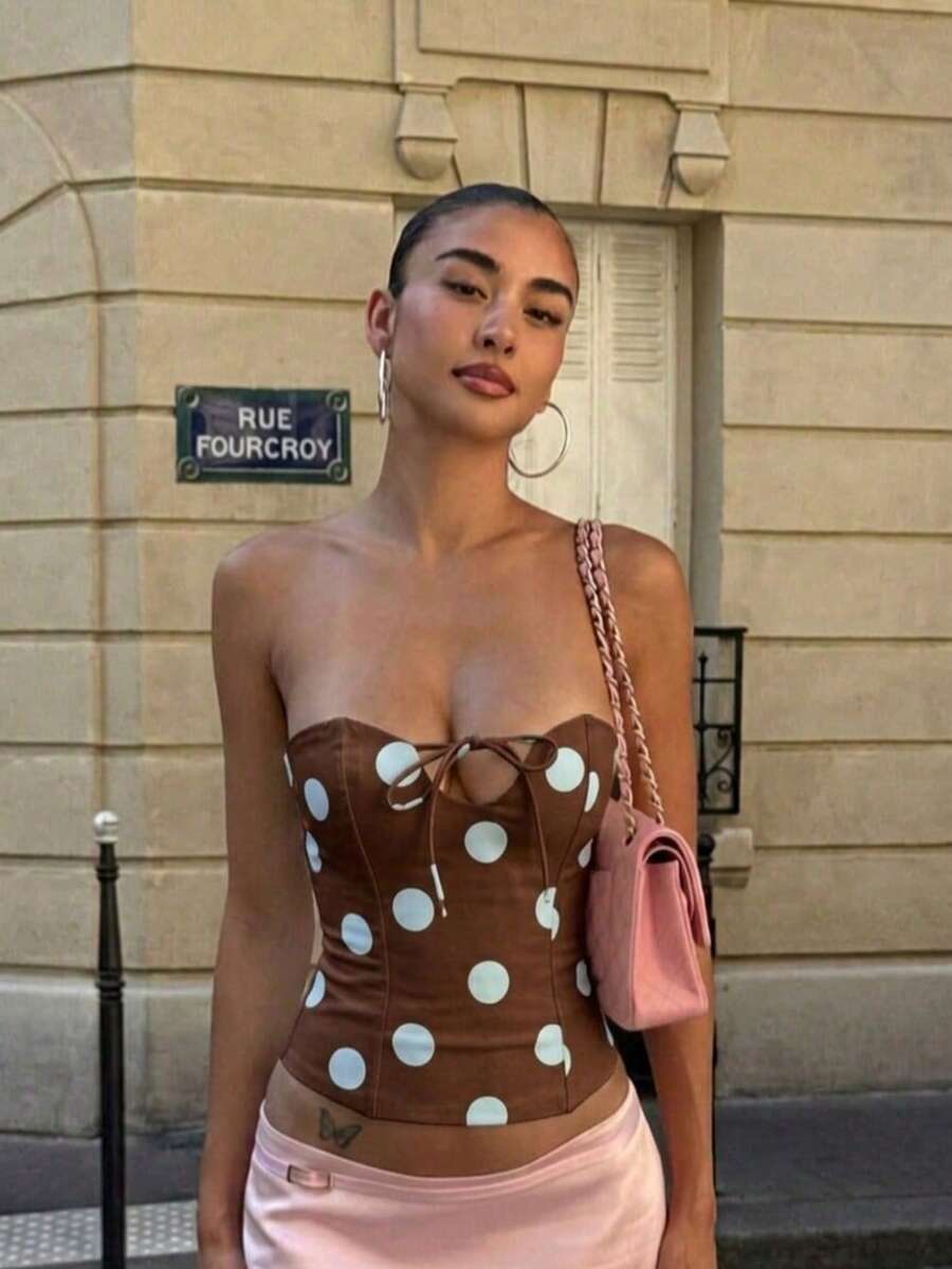 Sexy Polka Dot Fitted Hollow Out Lace-Up Camisole Summer - Blue-brown - View 1