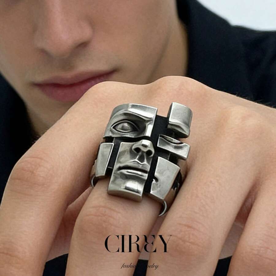 CIREY 1件復古個性化設計分開式面具仿泰銀戒指，百搭男士戒指適合日常配戴，情侶款 - 復古銀色 - 查看 1