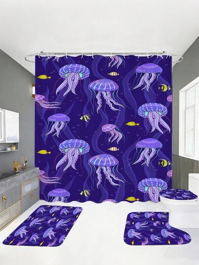 1/3/4 piezas Conjunto de baño de medusas moradas de fantasía oceánica, fresco y cómodo con vibraciones de verano, decoración del hogar, cortina de baño, conjunto de baño, accesorios de baño, incluye cortina de ducha, conjunto de cortina de baño. Cortina de ducha y juego a juego de varios tamaños, tela de poliéster resistente al moho, conjunto de baño decorativo que incluye cortina de ducha, alfombra de baño en forma de U, alfombra de piso antideslizante, tapa de inodoro y 12 ganchos para cortina de ducha, adecuado como regalo del Día de la Madre, temporada de regreso a la escuela.