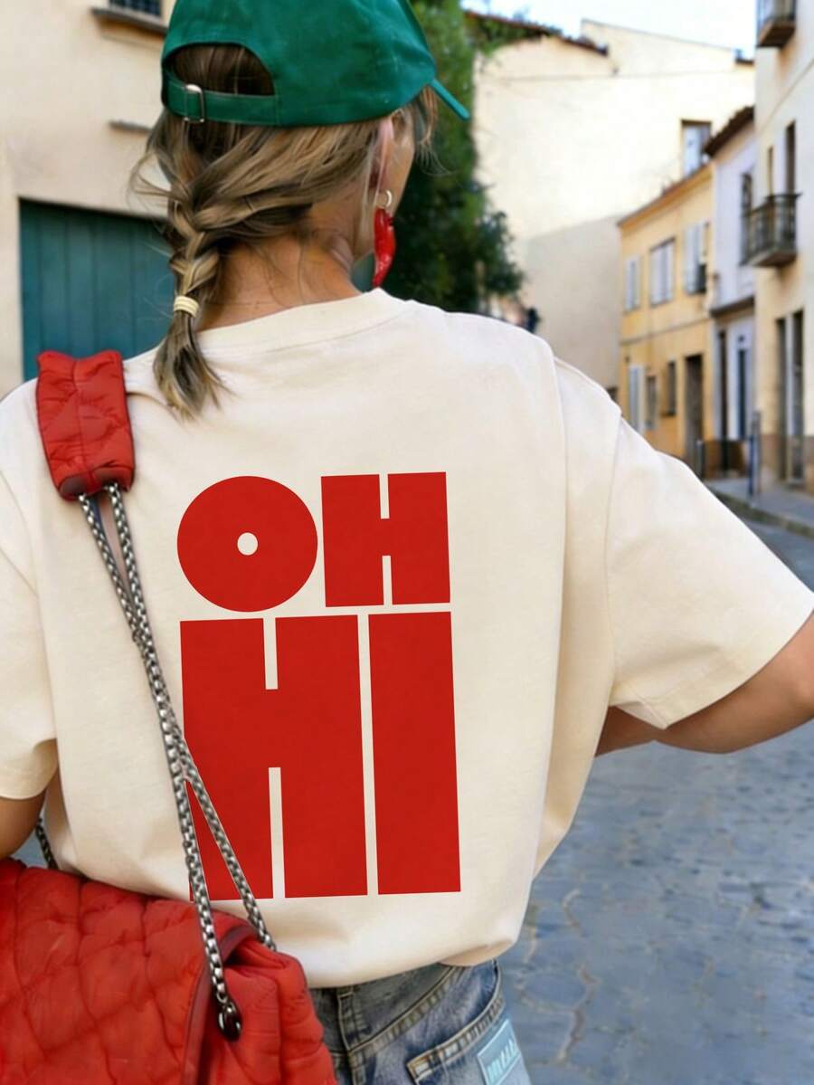 紅色 OHHI 字母印花圓領短袖 T 恤 女款 新款簡約可愛圖案休閒度假風 寬鬆修身夏季短袖上衣 - 杏色 - 查看 1