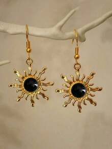 1 Pair Bohemian Style Baroque Sunflower Faux Jade Plated Dangle Earrings, Elegant & Fashionable Earring Hooks - 太陽 - 查看 9