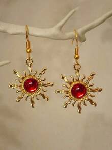 1 Pair Bohemian Style Baroque Sunflower Faux Jade Plated Dangle Earrings, Elegant & Fashionable Earring Hooks - 太陽 - 查看 12