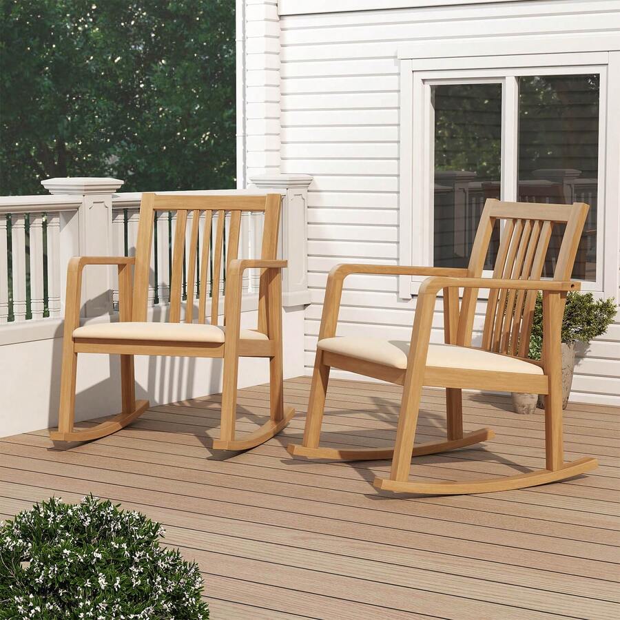Rocking Chair With Cushioned Seat, Slatted Back & Curved Armrests For Living Room - Tự nhiên - Xem 1