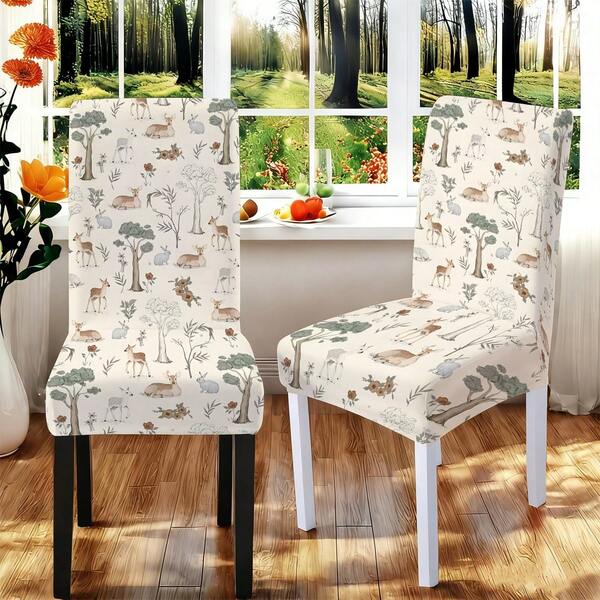 1pc/2pcs/4pcs/6pcs/30pcs Watercolor Mori Style Deer & Rabbit Print Chair Cover, Cream Elastic Full Coverage Slipcover, Pastoral Stain-Resistant Chair Protector For Dining Room, Kids Room Decor