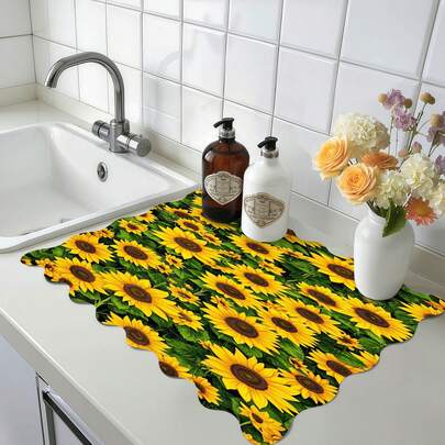 1pc Sunflower Field Pattern Kitchen Countertop Mat, Washing Machine & Dryer Top Protective Pad, Diatomite, Washing Machine Dust Cover, Kitchen Accessories, Anti-Slip, Suitable For Laundry Room, Bathroom, Home Decor And Room Decoration