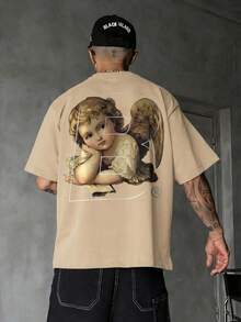 Camiseta de Manga Curta com Gola Redonda, Estampa Gráfica de Letra de Anjo Vintage, Moda de Rua Casual de Verão para Homens FRACTYR - Damasco - Visão 2