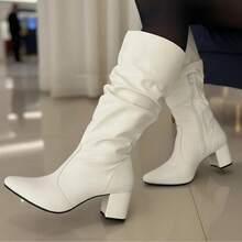 Women's Ruched Boot, Winter Fashion, Lirom Style, With Chunky Square Heel And Comfortable Toe. - White - View 1