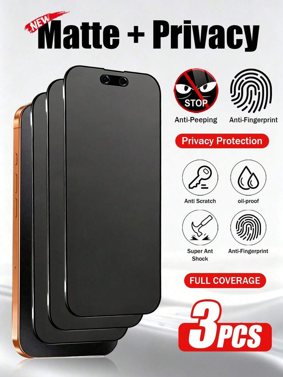 3pcs Matte Privacy Screen Protector Film, Soft Material, Full Coverage, Anti-Spy, Anti-Glare, Ceramic Film, Anti-Fingerprint, Compatible With Phone Cases, Compatible With IPhone 17 Pro Max 6.9 Inch, 17 Pro Max/17 Air/16 Pro Max/16 Pro/16 Plus/16/15 Pro Max/14 Pro Max/13 Mini/12/11/XS Max/XR/8 Plus/7 Plus - 3pcs Matte Privacy - View 1