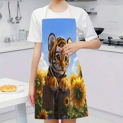 1 chiếc tạp dề nhà bếp họa tiết hổ dễ thương trên cánh đồng hoa hướng dương, làm từ 100% polyester, thích hợp cho nhà bếp, phòng khách, phòng ăn, khách sạn, tiệc nướng ngoài trời và các trường hợp khác, có thể giặt máy.