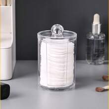 1pc Acrylic Cotton Pad Storage Box With Lid, Transparent Round Cotton Pad Storage Display Jar, Durable Plastic Countertop And Vanity Storage Box, Suitable For Bathroom Accessories And Cosmetics Storage - Multicolor - View 12