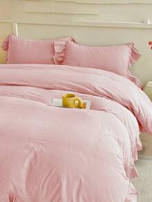 Pink Cream Ruffled Soft Brushed Duvet Cover 3 Pieces Set (1*Duvet Cover + 2*Pillow Shams), Suitable For Bedroom & Guest Room, All Season, Machine Washable - Pink - View 8