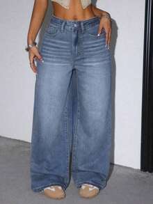 Jeans anchos y sueltos de mujer con bolsillos, adecuados para el uso diario en primavera - Lavado medio - Ver 6