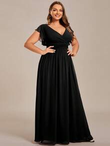 EVERPRETTY Vestido de dama de honor de unicolor con cuello en V, cintura alta y pliegues, vestido de fiesta de boda color negro - Negro - Ver 5