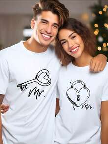 1pc Couple T-Shirt With Love Lock, 100% Cotton Couple Suit, Comfortable And Breathable, Short Sleeve T-Shirt, Holiday Gift, All Seasons, Shirt Top - 女士 白色 - 查看 1