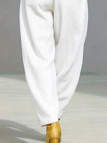 Women's Solid Color Zipper Pocket Pleated Casual Loose Pants (Belt Not Included) Spring White - White - View 4