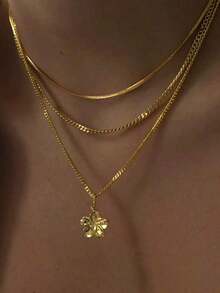 3pcs Flower Pendant, Wide Snake Bone Chain Necklace Minimalist Metal Layered Necklace Set, Elegant Vintage Chic Design, For Holiday, Party, Daily Wear, Gift - Yellow Gold - View 6
