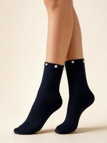 1双黑色罗纹针织小腿袜，饰有仿珍珠，高弹柔软透气，优雅别致甜美风格，百搭日常休闲、约会、通勤等各种场合的穿搭。 - 彩色 - 查看 2