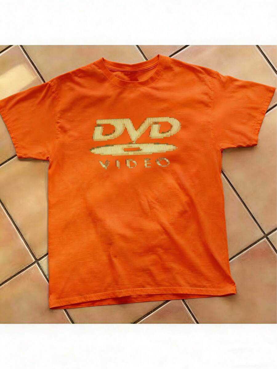 [100% Cotton] DVD Video Nostalgic Green Logo Vintage Gaming Print T-Shirt 2000s Aesthetic Retro Summer Shirt - Unisex Women & Men's Campus Daily Wear - 橙色A - 查看 1