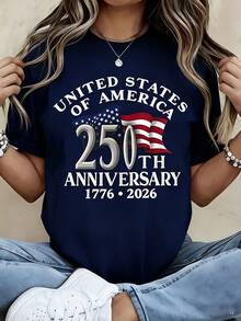 American Independence 250th Anniversary Patriotic Theme Women's T-Shirt - 1776-2026 Independence Day Design, Featuring The American Flag And The Words - 藏蓝色 - 查看 7