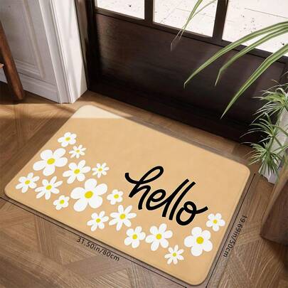 1pc Hello Slogan Printed Flannel Doormat, Soft Non-Slip Absorbent Washable Kitchen Mat, Dirt-Resistant Fatigue-Resistant Easy To Clean Rectangular Low Pile Carpet, Suitable For Living Room, Bedroom, Kitchen, Laundry Room, Bathroom